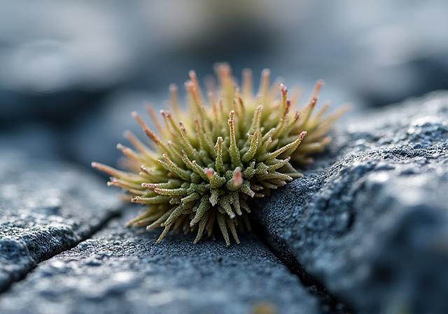 Dettaglio di una pianta che sopravvive tra le rocce della tundra