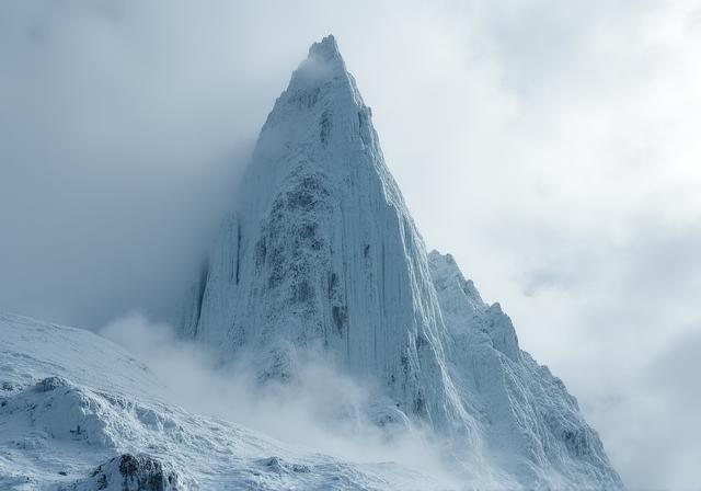 Una cima montuosa affilata avvolta dal freddo e dal ghiaccio