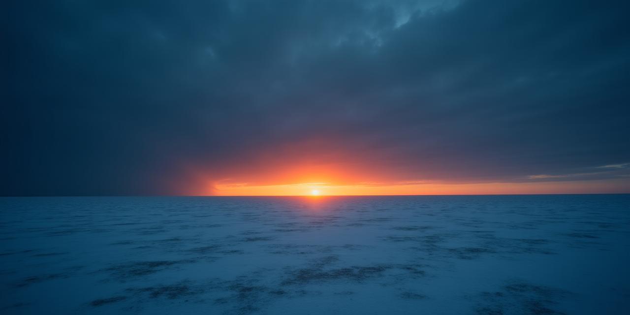 Un vasto paesaggio di tundra invernale con una luce tagliente all'orizzonte