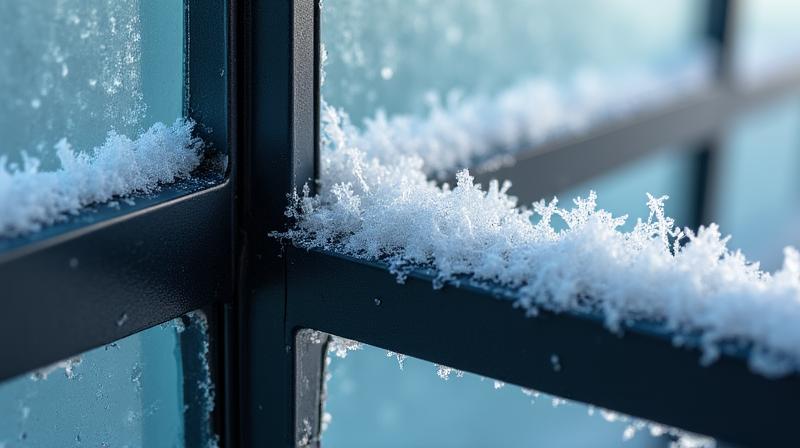 Dettaglio architettonico di una struttura solida in un ambiente ghiacciato