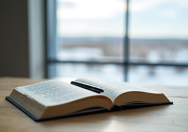 Un taccuino aperto accanto a una finestra affacciata su un paesaggio nordico, che simboleggia l'analisi del romanzo