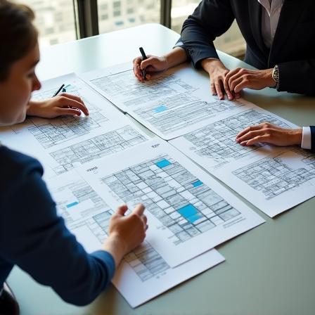 Due persone che discutono una mappa narrativa in uno studio luminoso